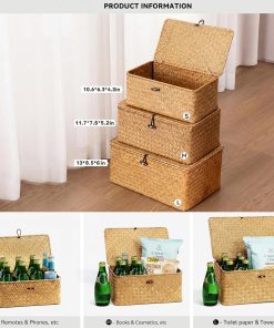 Alternative view of Nonam Storage Basket with Lid. Natural Seagrass Bin with Lid Set of 3. Shelf Baskets Multipurpose Container for Boho Decoration. Rectangular Household Storage Boxes for Home Organization-Natural