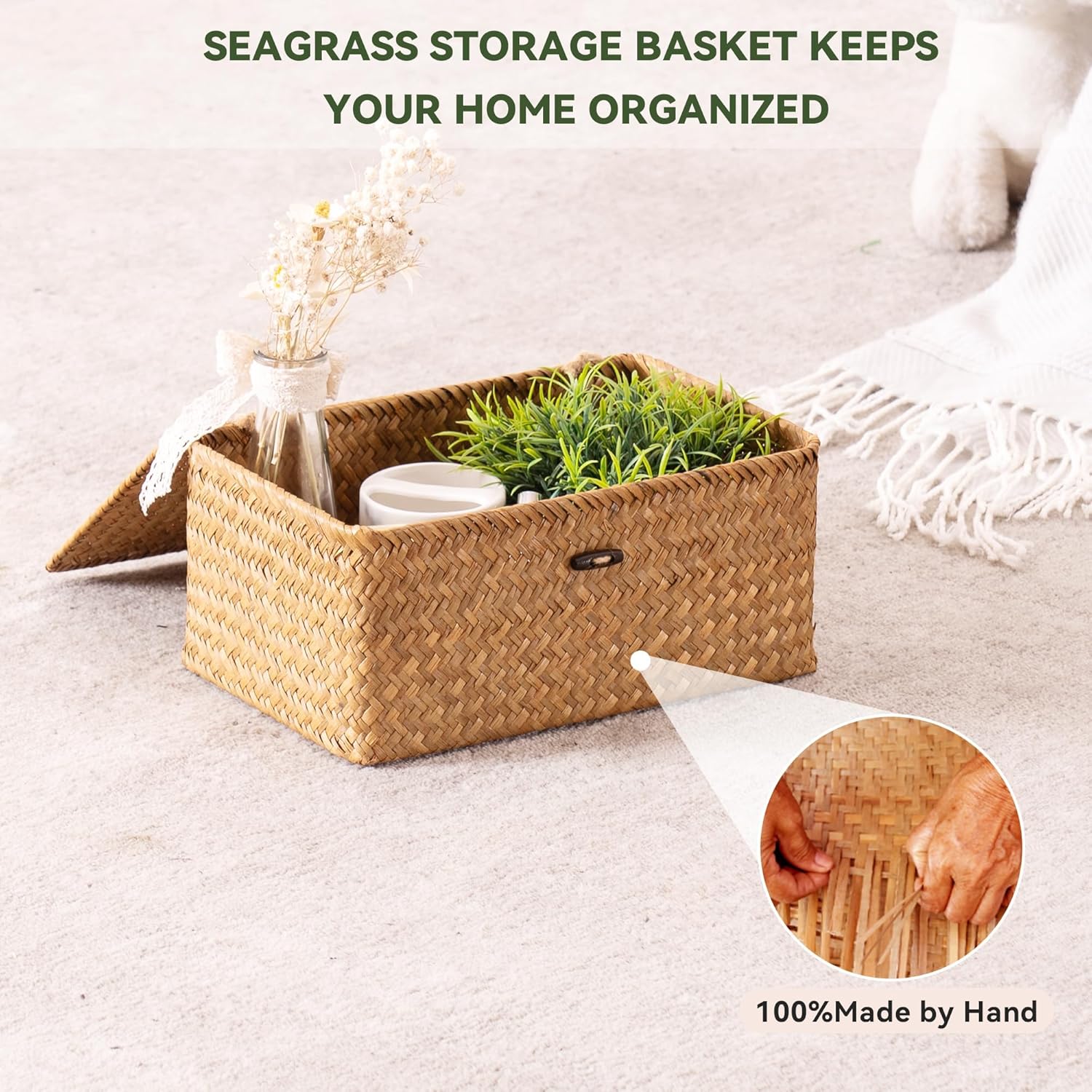 Nonam Storage Basket with Lid. Natural Seagrass Bin with Lid Set of 3. Shelf Baskets Multipurpose Container for Boho Decoration. Rectangular Household Storage Boxes for Home Organization-Natural - Image 5
