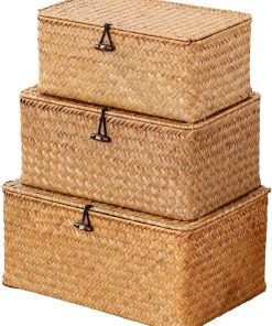 Nonam Storage Basket with Lid. Natural Seagrass Bin with Lid Set of 3. Shelf Baskets Multipurpose Container for Boho Decoration. Rectangular Household Storage Boxes for Home Organization-Natural